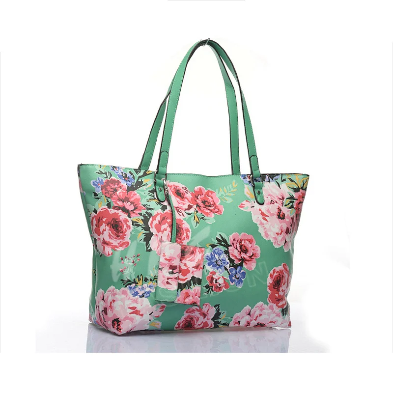 HEC Wenzhou Factory Beautiful Flower Printed PU Long Strap Women Handbag Shoulder Bag With Wallet