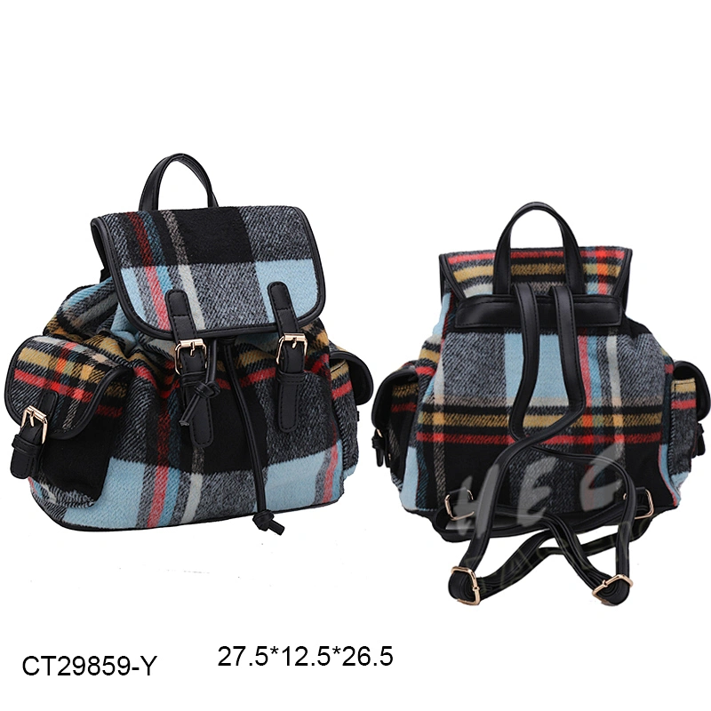 Top selling customized logo fashion winter pu decor preppy style grid ladies backpack