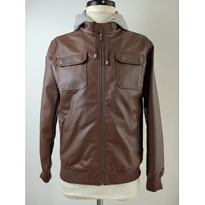 Men's winter PU leather coat with hood
