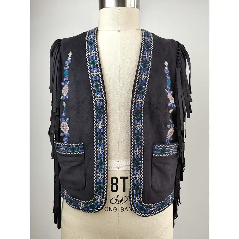Embroidery kids style tassels suede coat