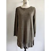 Women brown Long Fuax Suede Top with fringe