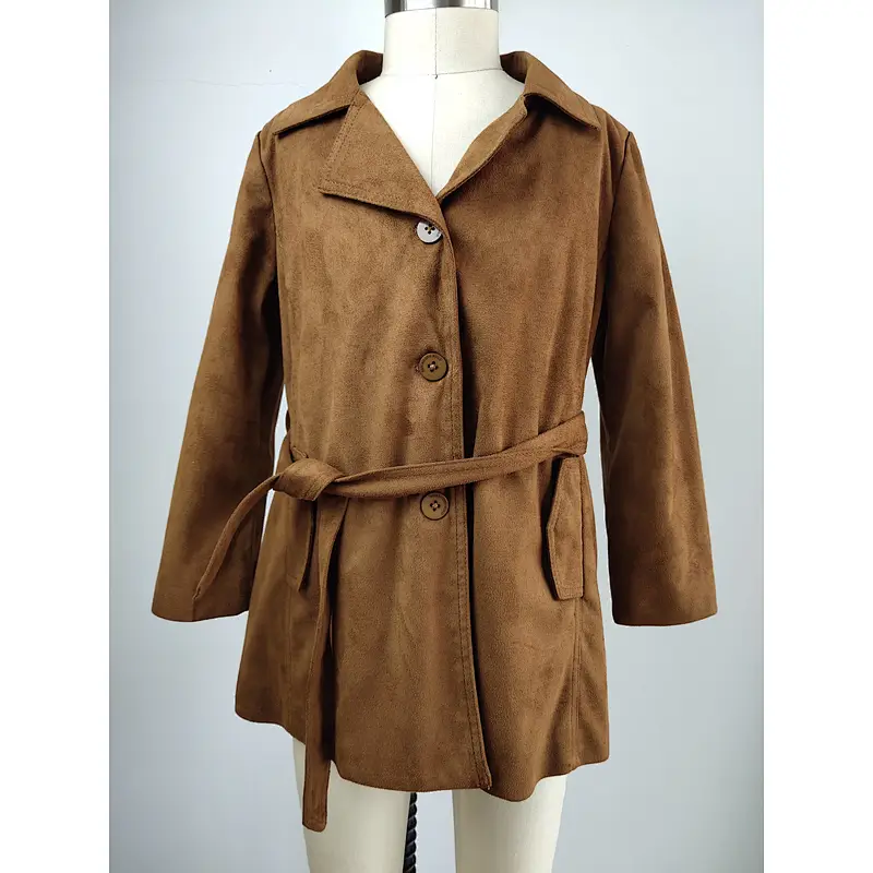 New turn down collar long  suede jacket for girls