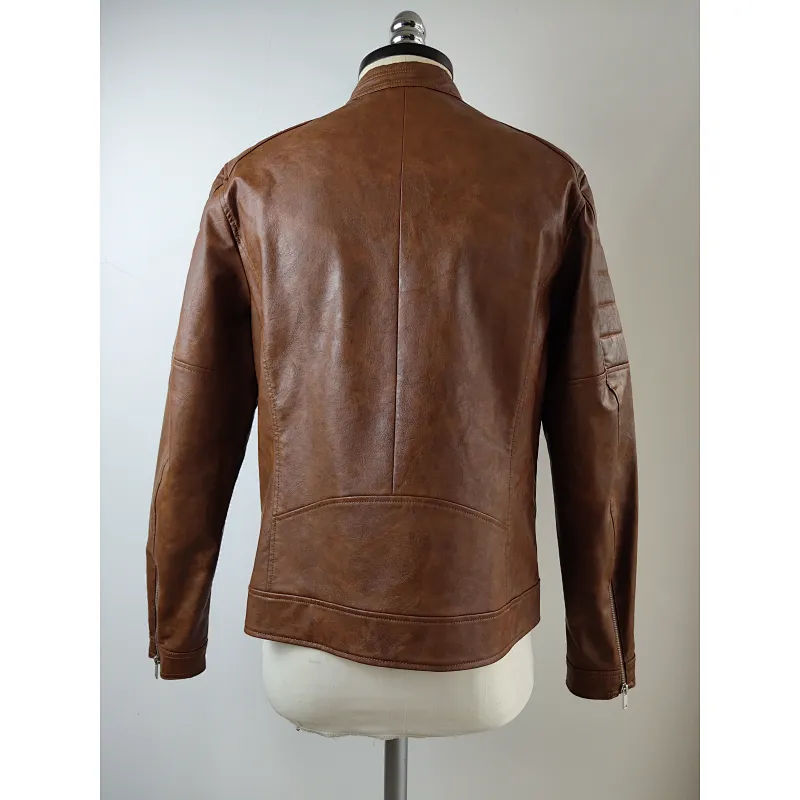 Brown Zippered Men PU Bomber Jacket