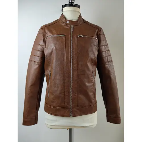 Brown Zippered Men PU Bomber Jacket