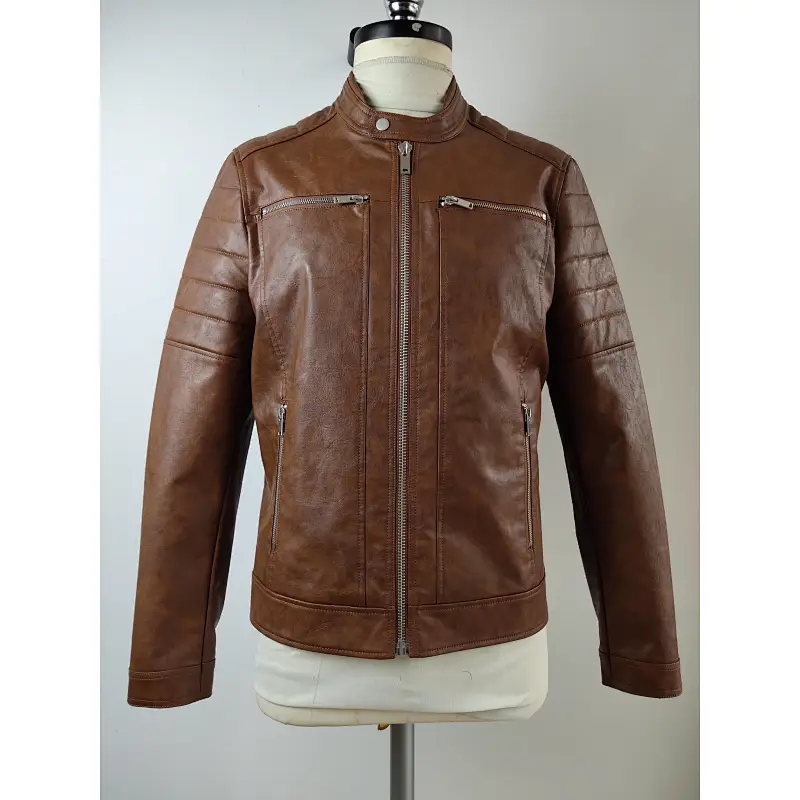 Brown Zippered Men PU Bomber Jacket