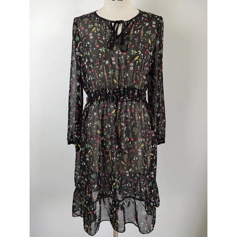 New summer autumn women long sleeve chiffon print dress
