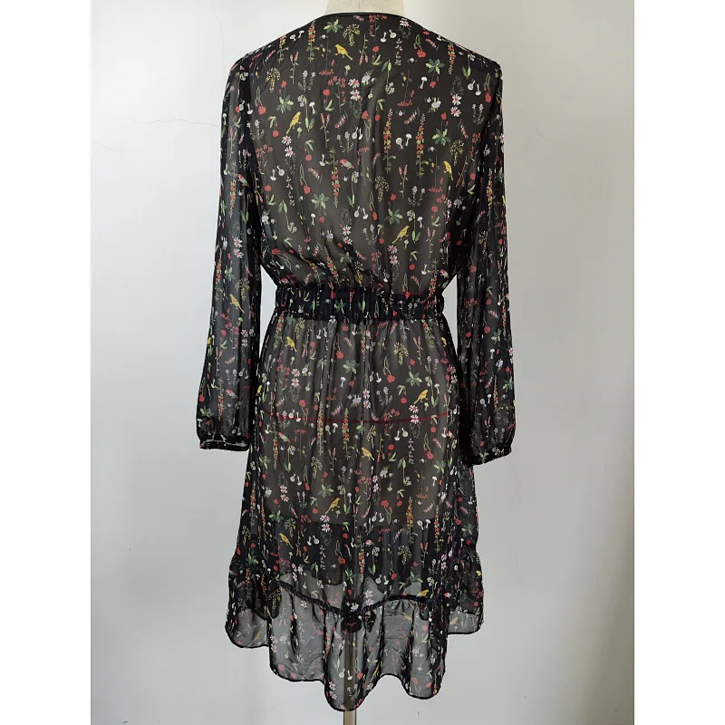 New summer autumn women long sleeve chiffon print dress