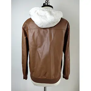 Men Brown PU leather jacket with hood
