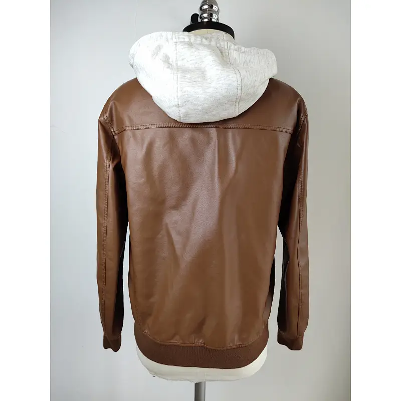 Men Brown PU leather jacket with hood