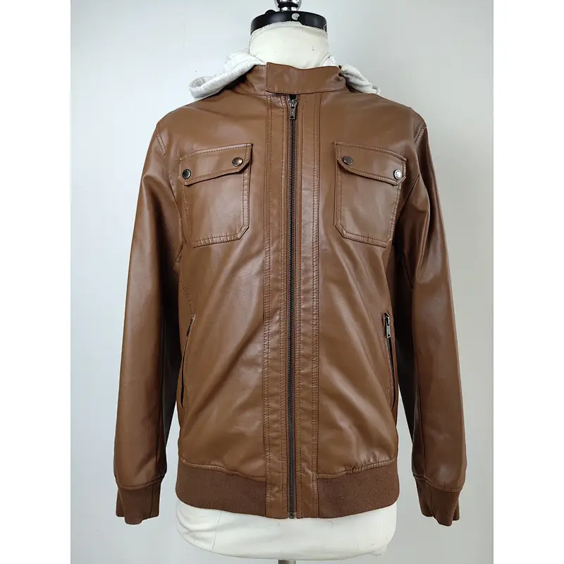Men Brown PU leather jacket with hood