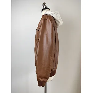 Men Brown PU leather jacket with hood