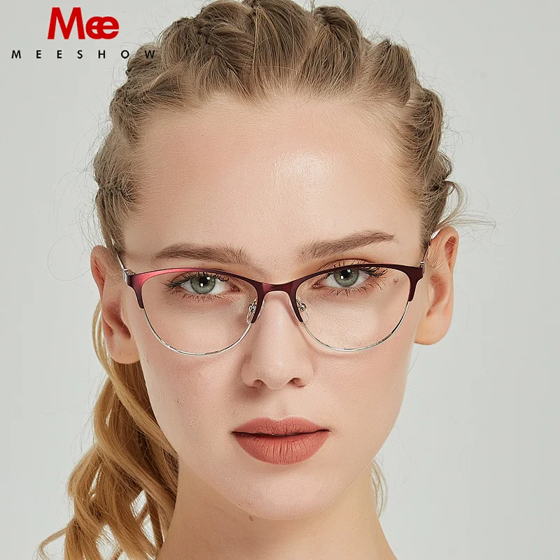 Meeshow Metal Glasses Frame Brown Cat Eye Glasses Frames For Women Myopia Optical Clear Eyeglasses Frame Brand Designer Vintage