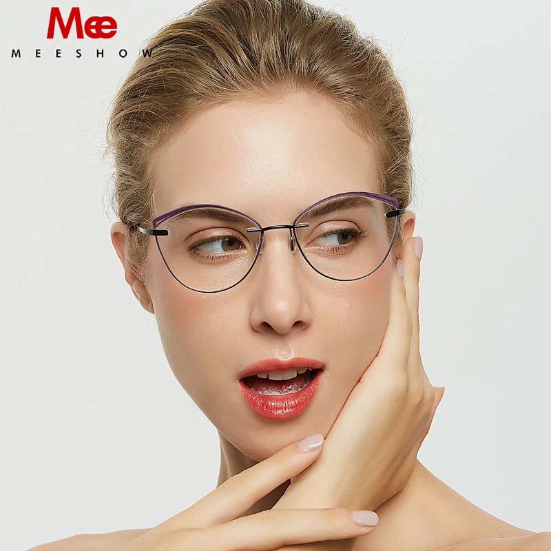 Titanium alloy cat eye glasses frame men women rimless eyeglasses Brand optical eyewear TR90 accent rings prescription glasses