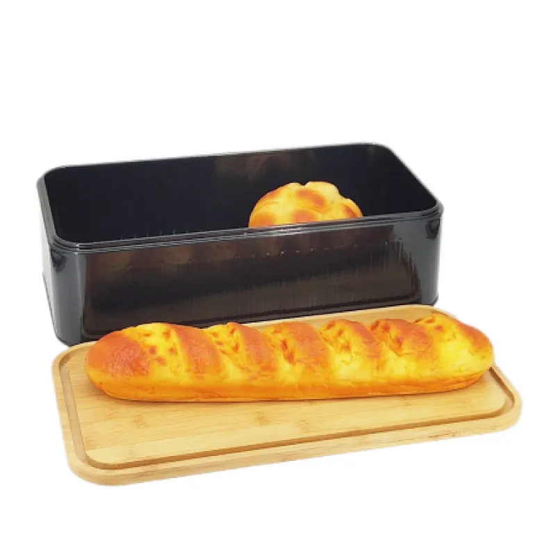 black bread bin with wooden lid