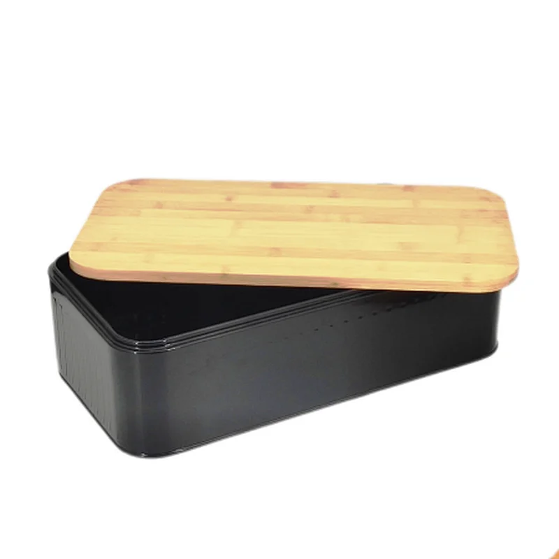 black bread bin with wooden lid
