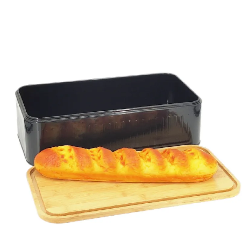 black bread bin with wooden lid