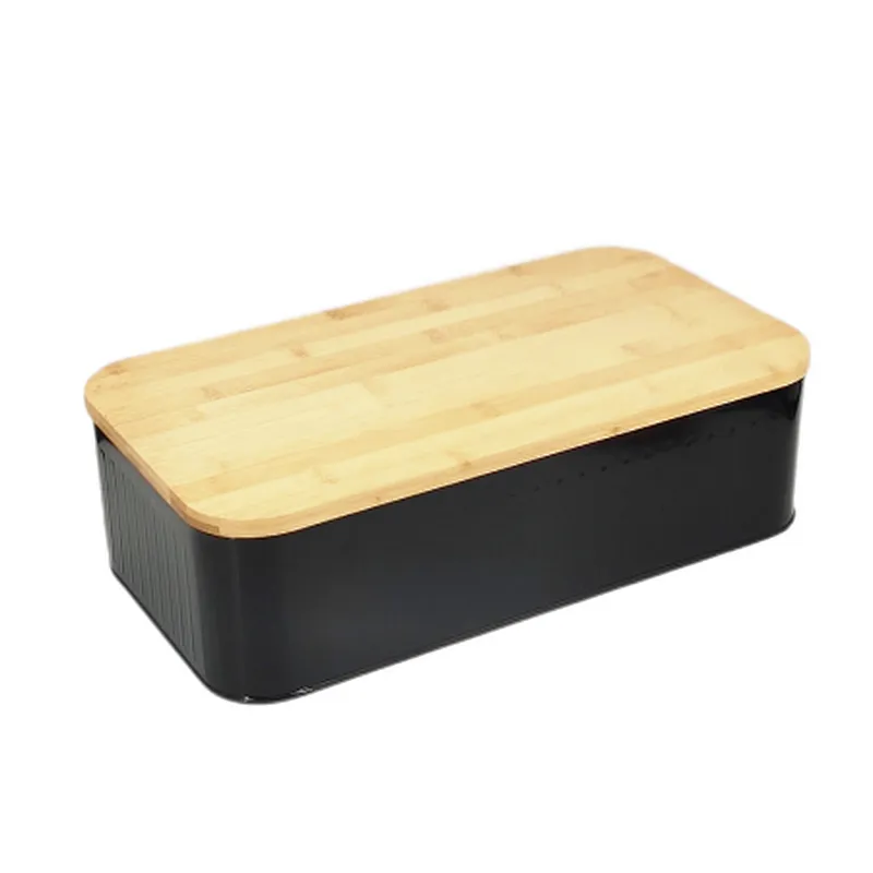 black bread bin with wooden lid