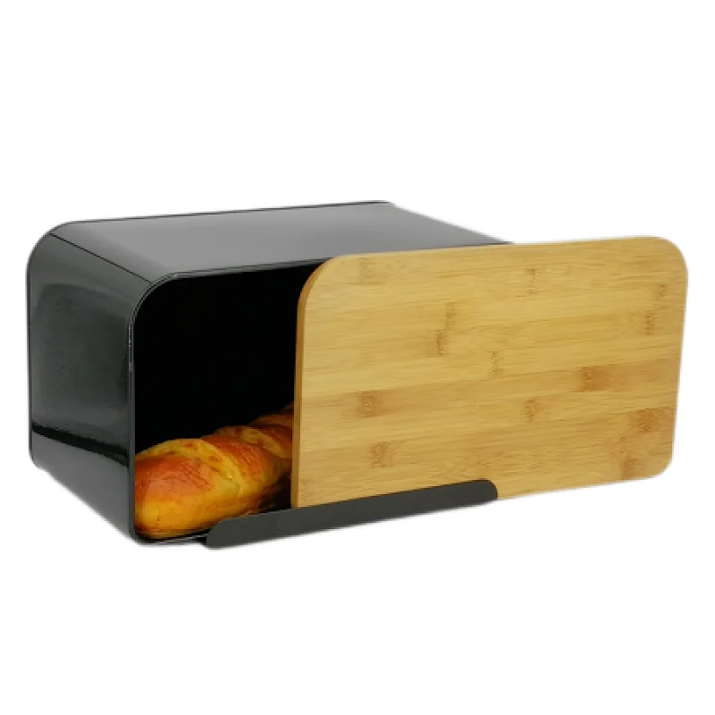 wooden bread bin with integrated cutting board