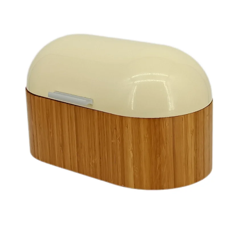 cream and wood bread bin