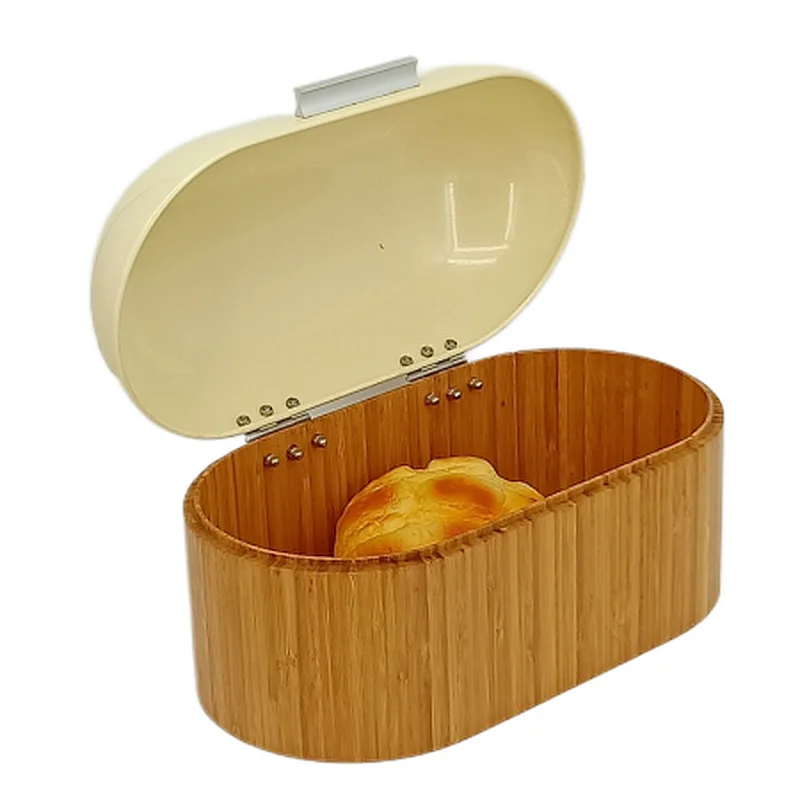 cream and wood bread bin