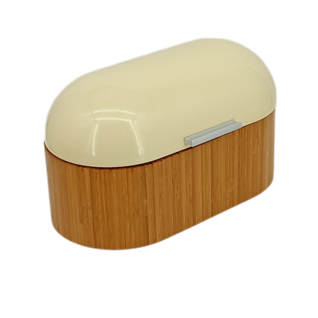 cream and wood bread bin