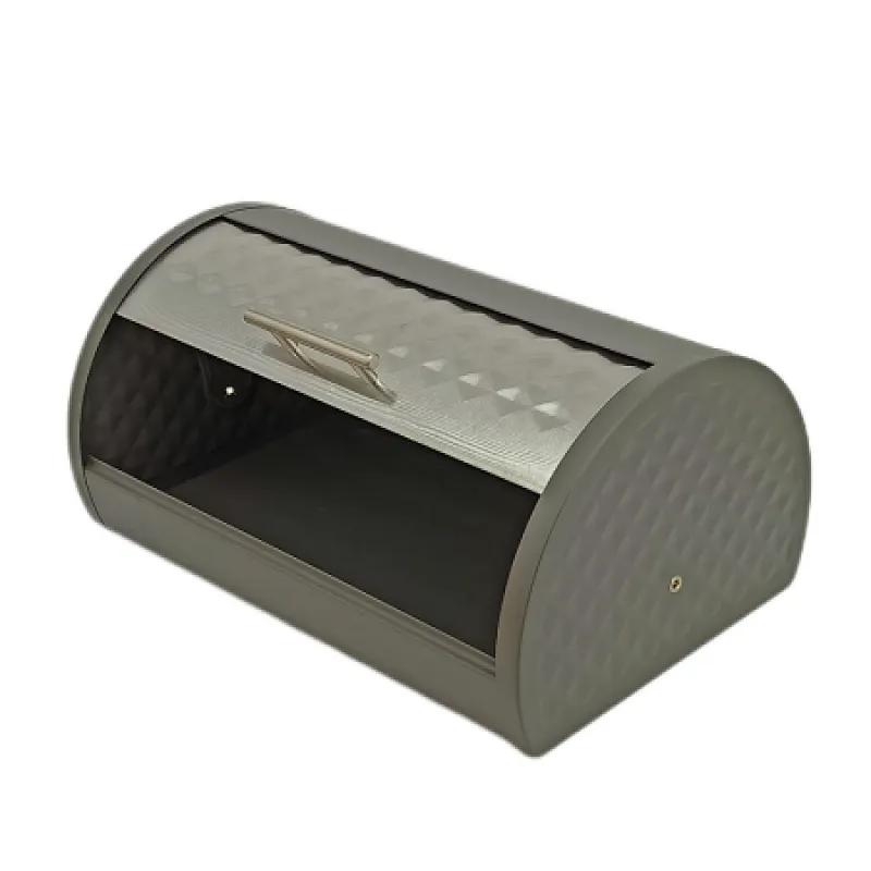 dark grey bread bin with decor