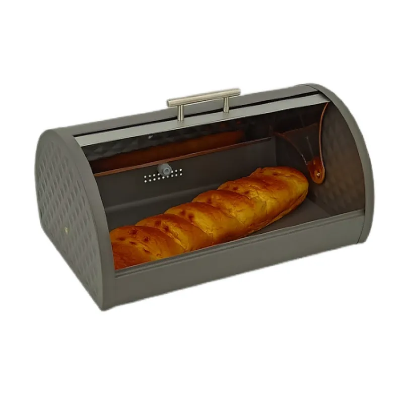 dark grey bread bin with decor