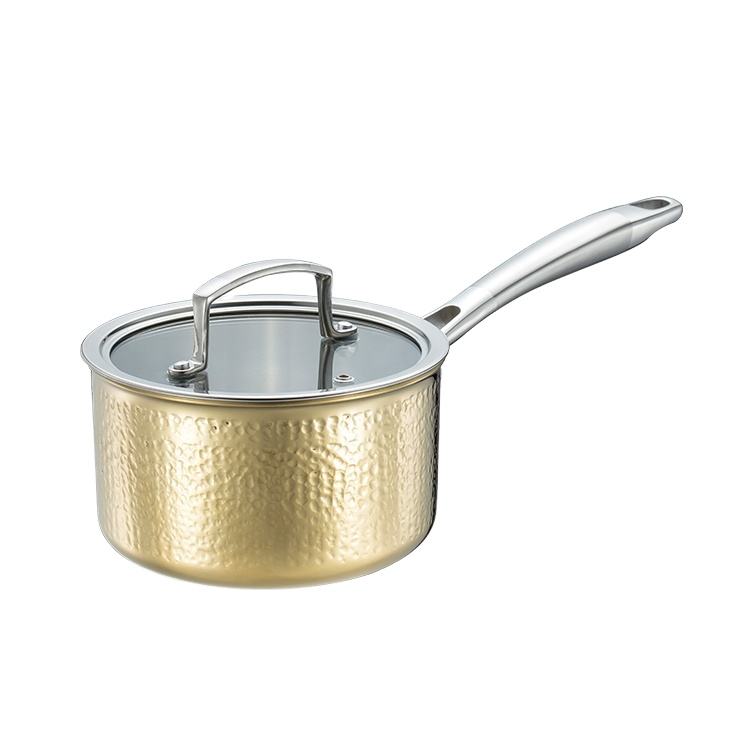 Tri-ply clad gold hammered sauce pan